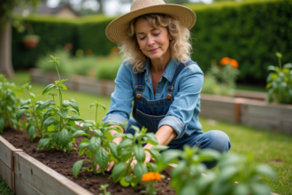 Femme en chapeau de paille et salopette dans un jardin