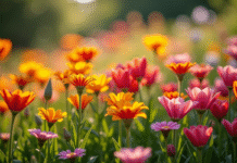 Jardin de fleurs avec ursinia et ulex en plein jour