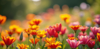 Jardin de fleurs avec ursinia et ulex en plein jour