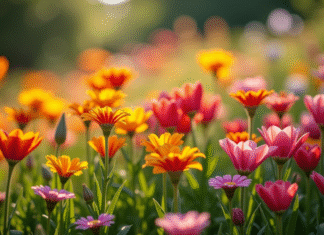 Jardin de fleurs avec ursinia et ulex en plein jour
