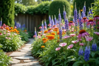 Massif de jardin original avec un mélange coloré d'échinacées violettes, de soucis oranges, de delphiniums bleus et de cosmos roses dans un jardin fleuri