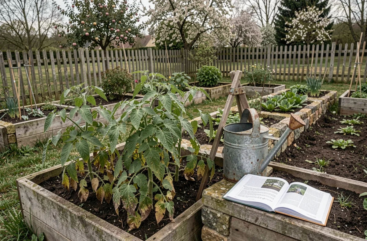 Jardin potager biologique avec outils de traitement alternatif suite à l'interdiction de la bouillie bordelaise