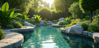 Étang de jardin paisible avec plantes vertes et lumière