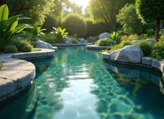 Profondeur optimale d’un étang : quelles précautions prendre pour la réussir ? Étang de jardin paisible avec plantes vertes et lumière