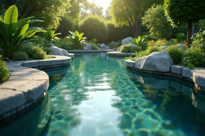 jardin-tang-paisible Étang de jardin paisible avec plantes vertes et lumière