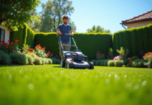 Personne tondant une pelouse bien entretenue dans un jardin ensoleille