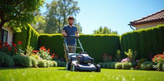 Personne tondant une pelouse bien entretenue dans un jardin ensoleille
