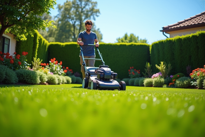 jardin-tondu-ensoleille Personne tondant une pelouse bien entretenue dans un jardin ensoleille