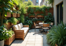 Jardin urbain avec planters verticaux et mobilier compact