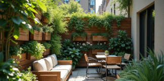 Jardin urbain avec planters verticaux et mobilier compact