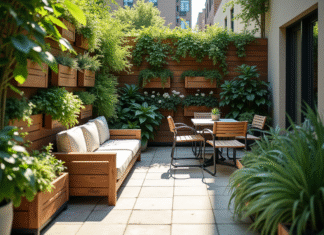 Comment optimiser l’espace de votre petit jardin ? Jardin urbain avec planters verticaux et mobilier compact