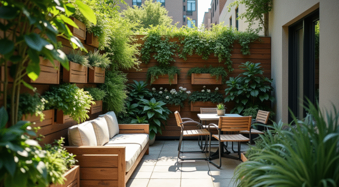Jardin urbain avec planters verticaux et mobilier compact