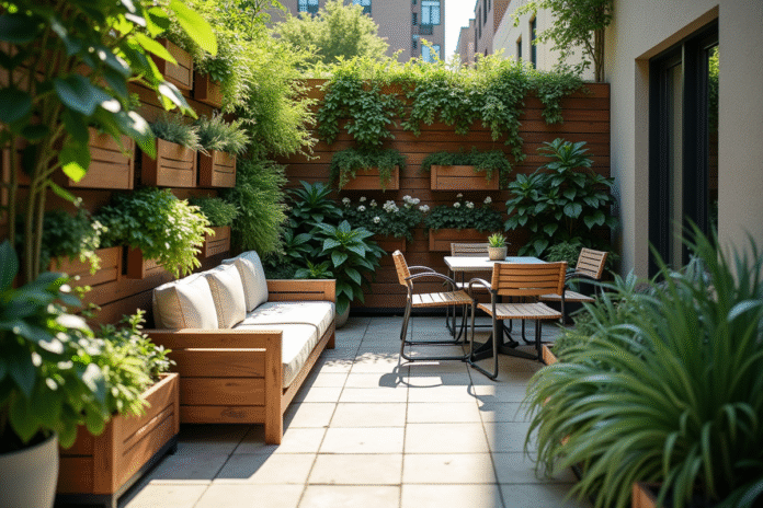 Jardin urbain avec planters verticaux et mobilier compact