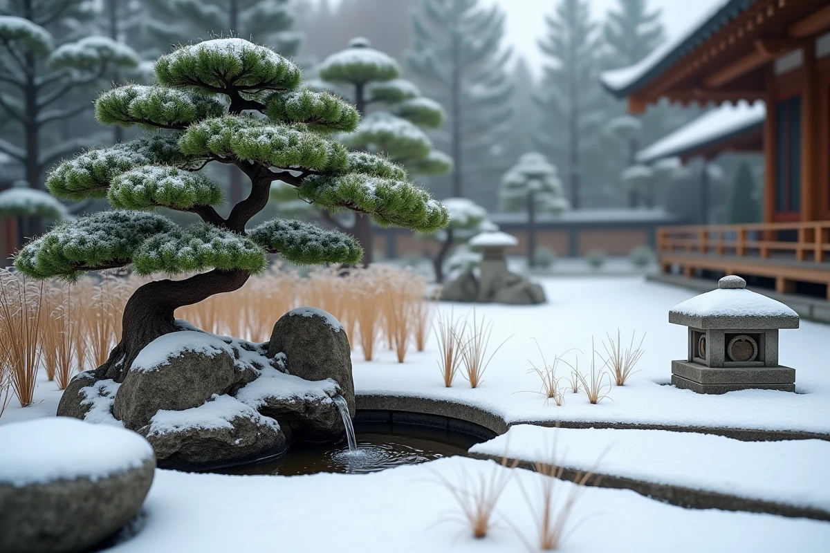 Jardin zen en hiver sous la neige avec lanternes en pierre, pin niwaki et bassin givré pour un décor apaisant toute l'année