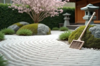 Jardin zen japonais au printemps avec gravier ratissé, rochers de granit moussus et branches de cerisier en fleurs