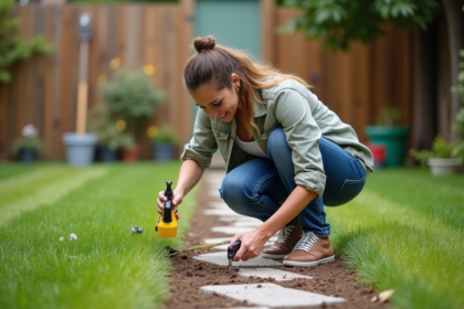 Femme en extérieur traitant une fourmilière dans le jardin