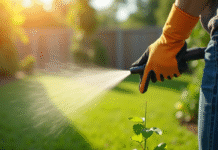 Personne pulvérisant un herbicide sur une mauvaise herbe dans un jardin ensoleille