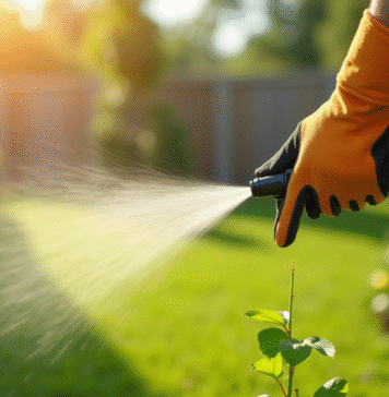 Personne pulvérisant un herbicide sur une mauvaise herbe dans un jardin ensoleille