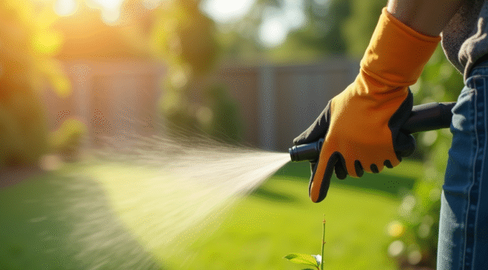 Personne pulvérisant un herbicide sur une mauvaise herbe dans un jardin ensoleille