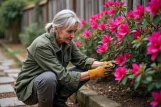 Femme d'âge moyen prune un bougainvillea en plein air