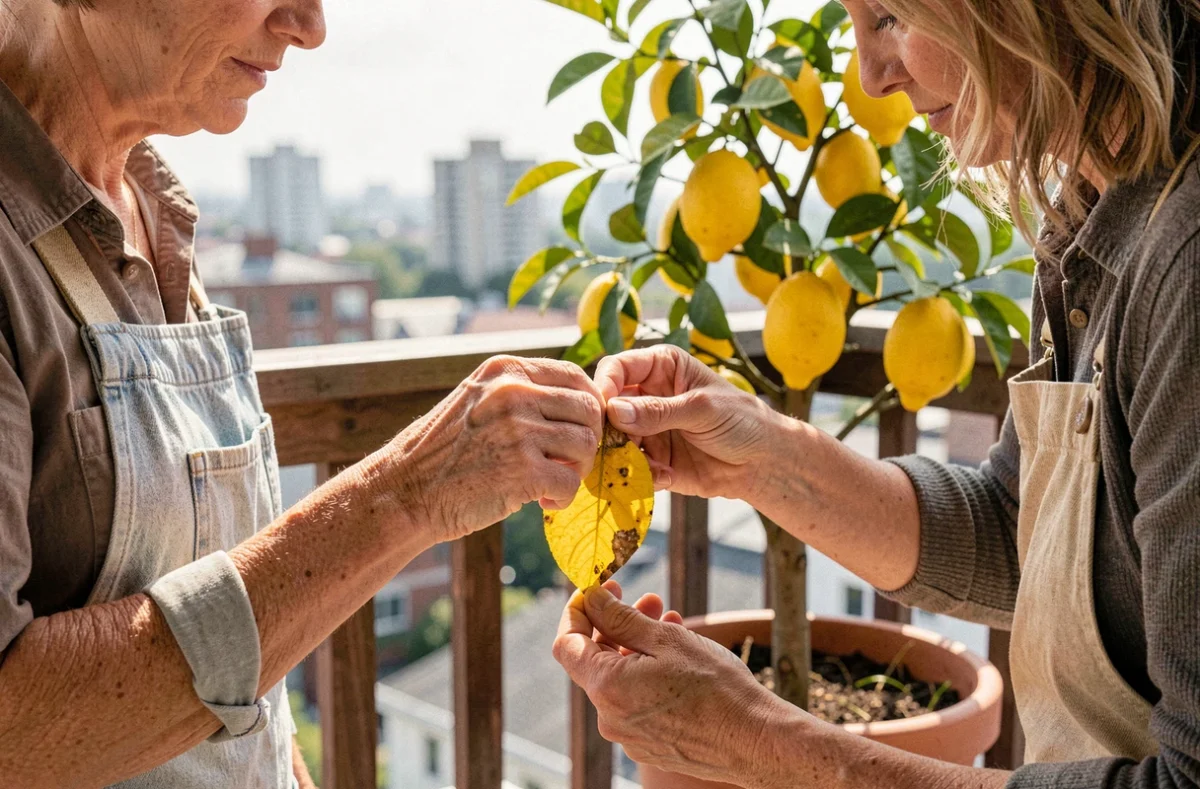Jardinière inspectant une feuille jaunie d'un citronnier en pot sur un balcon urbain