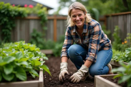 Femme en jardinage compost dans un jardin luxuriant