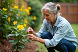Femme d'âge moyen examine une feuille d'oleander dans son jardin