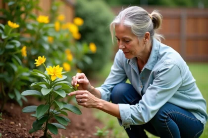Femme d'âge moyen examine une feuille d'oleander dans son jardin