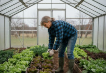 Femme jardinant dans une serre avec laitues d'hiver