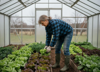 Réussir la culture toute l’année grâce à votre serre de jardin : astuces et conseils Femme jardinant dans une serre avec laitues d'hiver