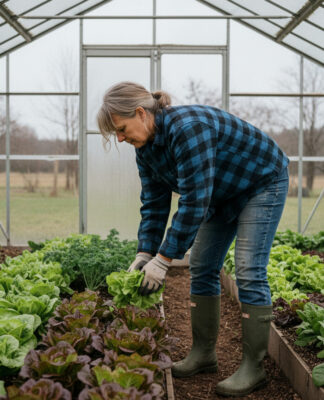 Femme jardinant dans une serre avec laitues d'hiver