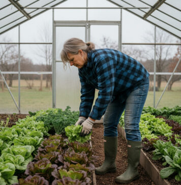 Réussir la culture toute l’année grâce à votre serre de jardin : astuces et conseils Femme jardinant dans une serre avec laitues d'hiver
