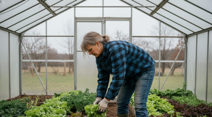 Femme jardinant dans une serre avec laitues d'hiver