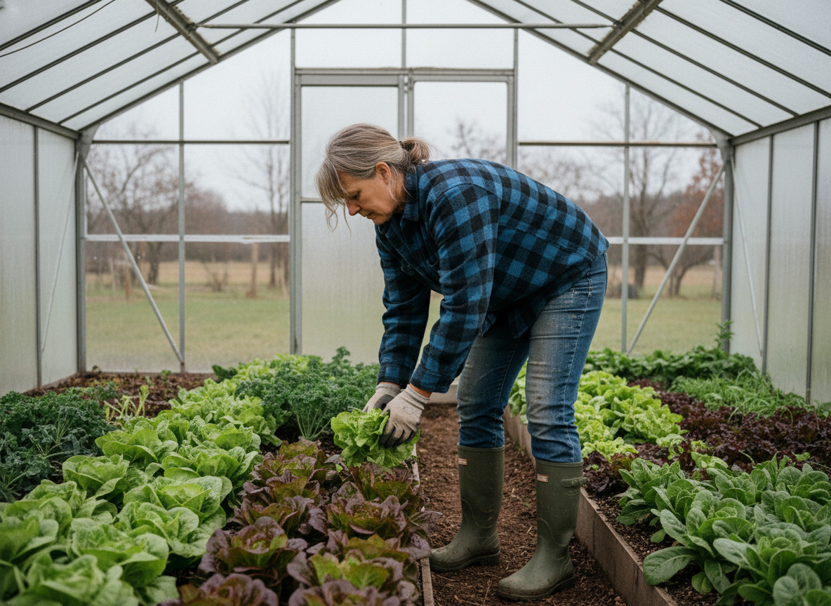 Femme jardinant dans une serre avec laitues d'hiver