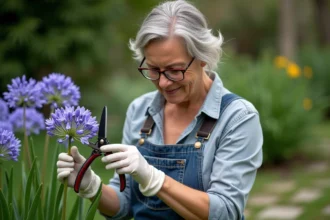 Femme en jardinage coupe les fleurs d'agapanthus