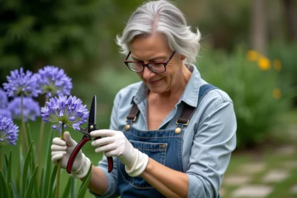 Femme en jardinage coupe les fleurs d'agapanthus
