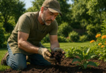 Jardinier en pleine action dans un jardin luxuriant