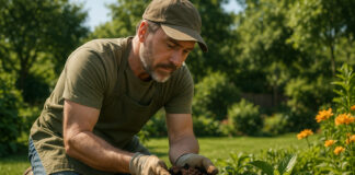 Jardinier en pleine action dans un jardin luxuriant