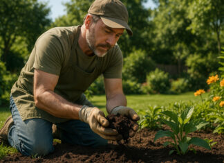 Entretenir un grand jardin : astuces pour un sol sain et sans nuisibles Jardinier en pleine action dans un jardin luxuriant