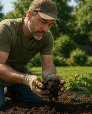 Jardinier en pleine action dans un jardin luxuriant