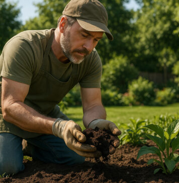 Jardinier en pleine action dans un jardin luxuriant