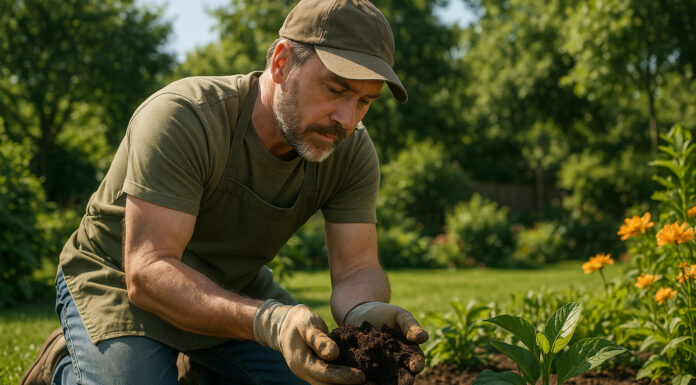 Jardinier en pleine action dans un jardin luxuriant
