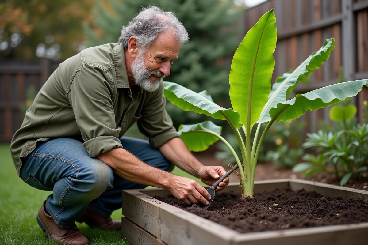 Jardinier adulte examinant un jeune bananier rustique dans un carré potager en bois dans un jardin de maison individuelle