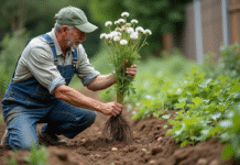 Jardinier en denim retire un pissenlit avec ses racines