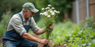 Jardinier en denim retire un pissenlit avec ses racines