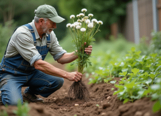 Jardinier en denim retire un pissenlit avec ses racines