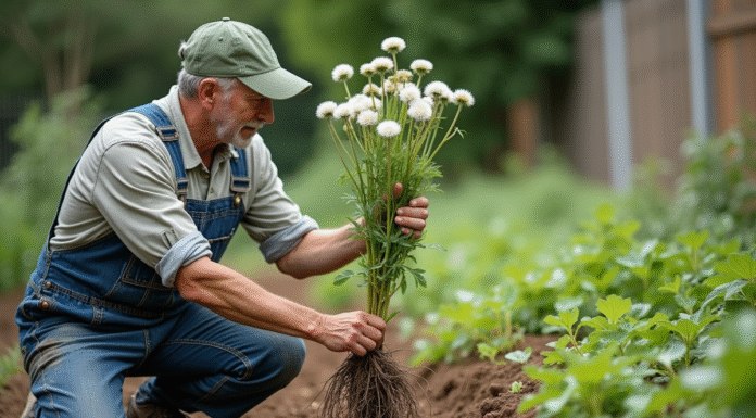 Jardinier en denim retire un pissenlit avec ses racines