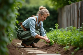 Femme moyenne âge semant du persil dans son jardin