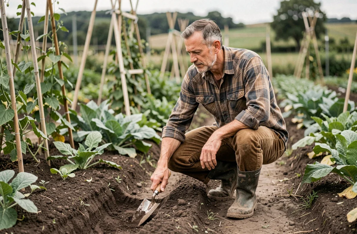 Jardinier expérimenté préparant un sillon pour semer des haricots selon la phase de lune descendante