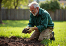 Meilleure terre pour faire pousser du gazon : conseils d’expert jardinage Homme jardinier examinant la terre dans un jardin suburbain